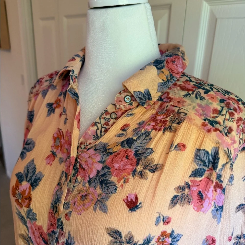 Free People Boho Floral Pink Peach Blouse Sz Large - Picture 8 of 8